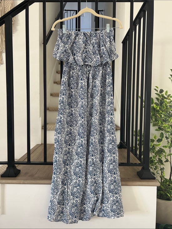 Dresses & Skirts - Strapless Ruffle Maxi Dress - Navy Blue and White